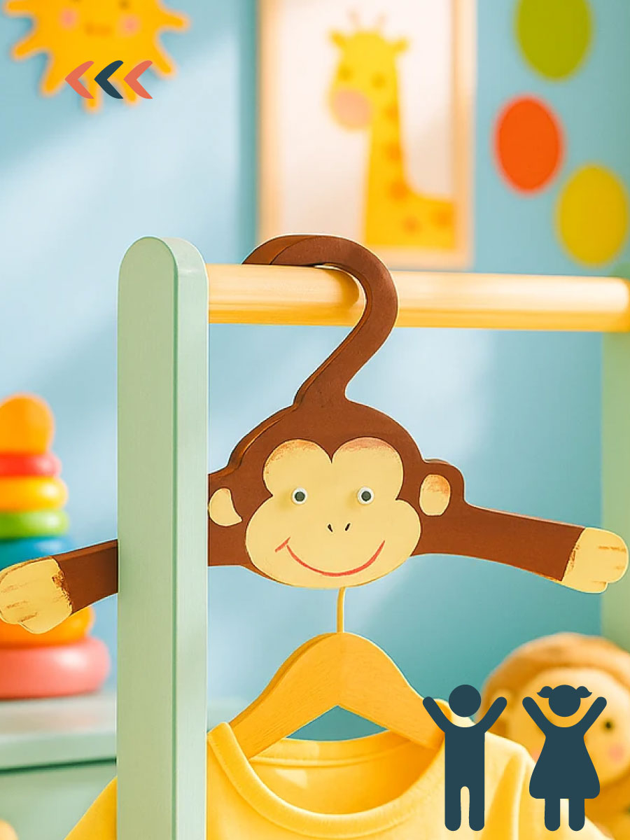  چوب‌لباسی چوبی کودک طرح حیوانات جنگل میمون با طراحی فانتزی و رنگ‌های شاد در اتاق کودک 