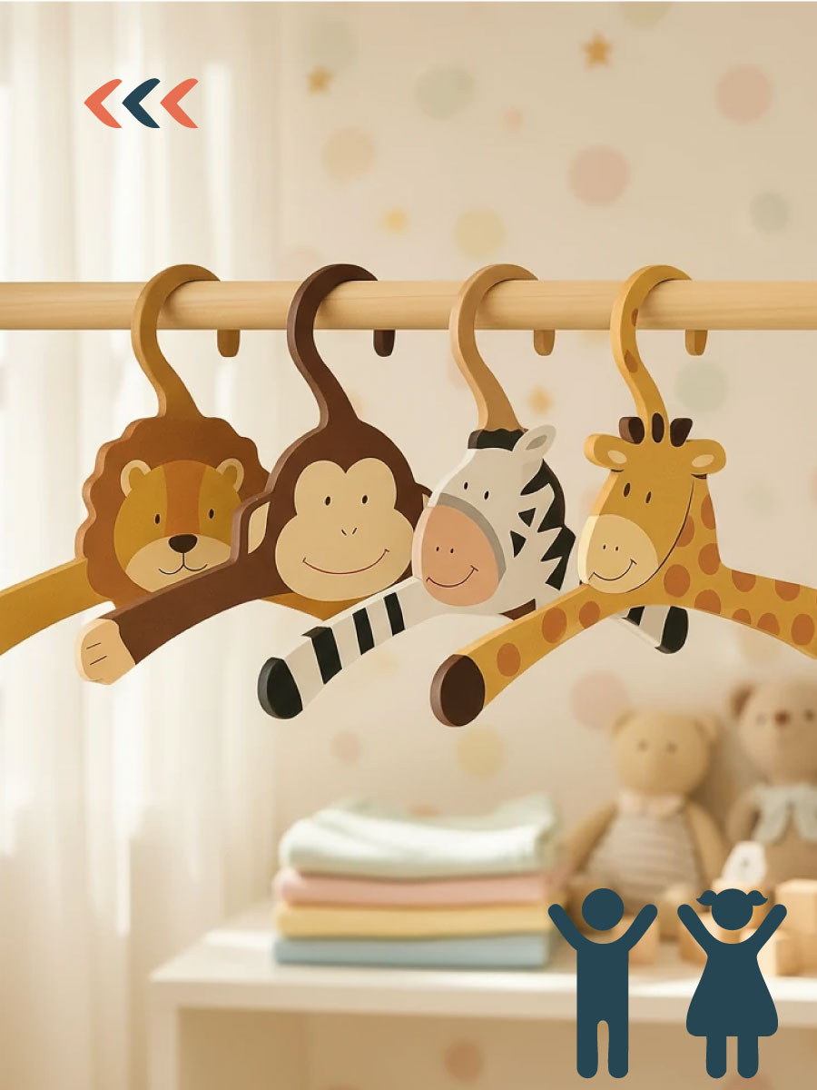  چوب لباسی چوبی کودک طرح حیوانات جنگل شامل شیر، زرافه، میمون و گورخر، مناسب دکور اتاق کودک 
