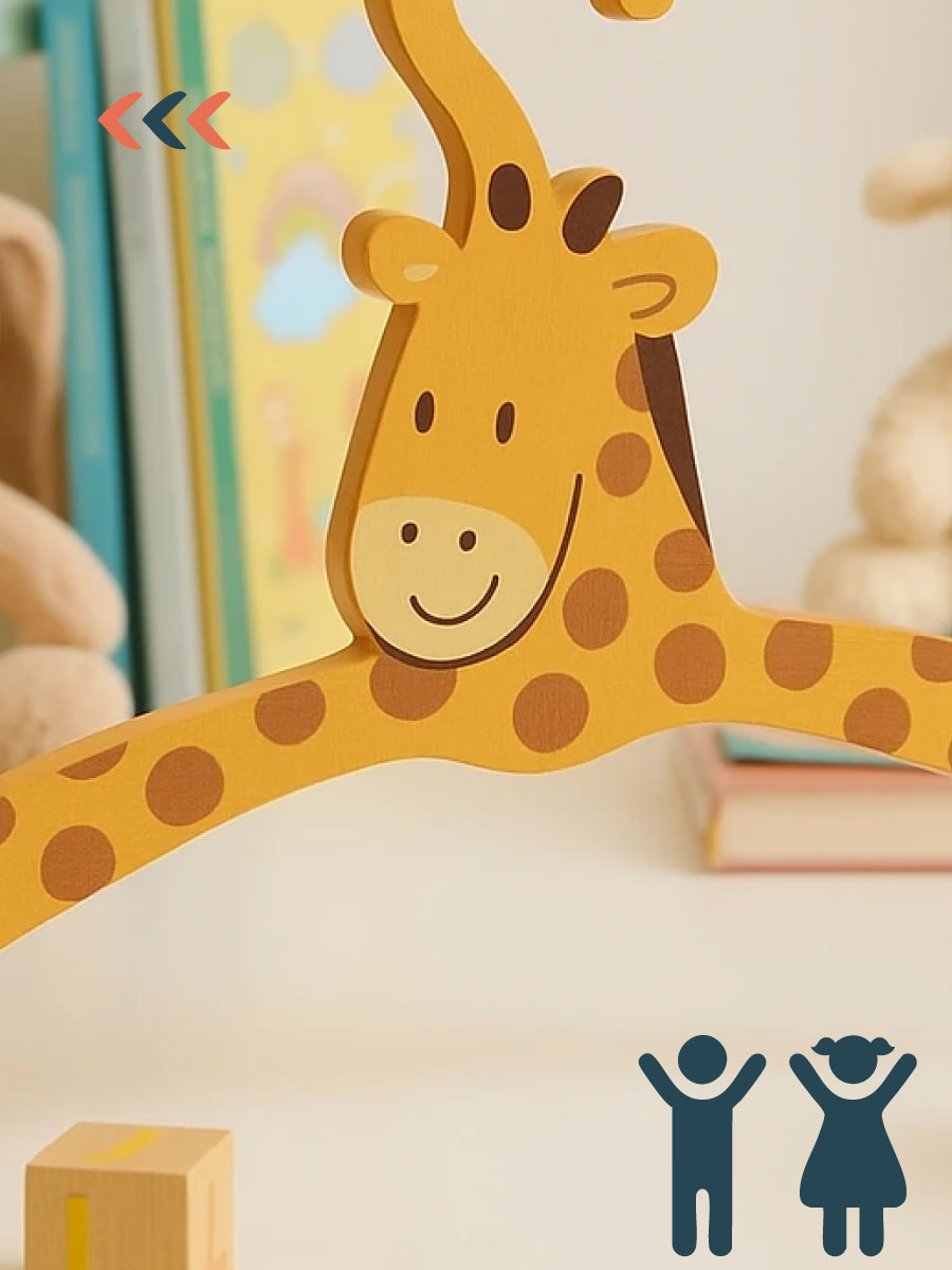  چوب‌لباسی چوبی کودک طرح حیوانات جنگل زرافه با طراحی فانتزی و رنگ‌های شاد در اتاق کودک 